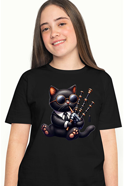 StoryGift Romania Tricou Femei cu o pisica neagra care canta la cimpoi, ilustratie, instrument muz BLK_L