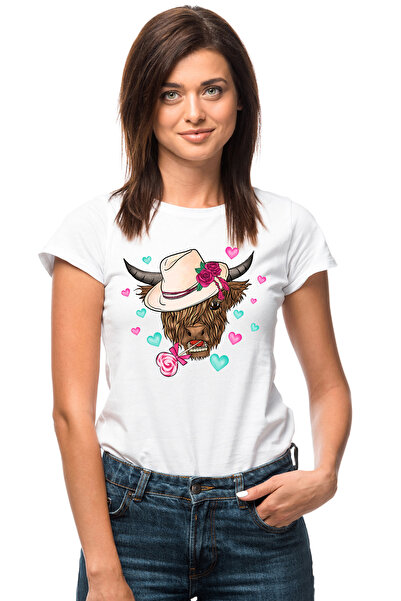 StoryGift Romania Tricou Femei cu taur cu palarie, acadea in forma de inima, inimioare, trandafiri WHT_L