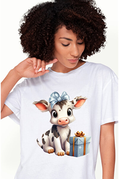 StoryGift Romania Tricou Femei cu o vacuta surprinsa care are un cadou, a fost cuminte, a primit u WHT_XS