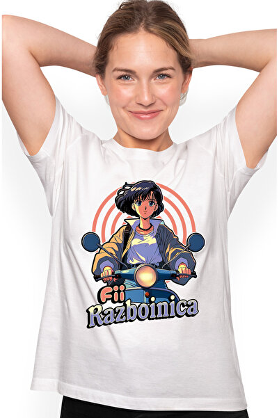 StoryGift Romania Tricou Femei Fata stil anime pe scuter text fii razboinica cu imprimeu pe Fata, WHT_XS