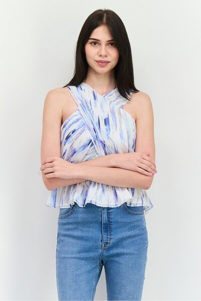 Dkny Women Crisscross Neckline Sleeveless Metallic Tank Top, White Combo