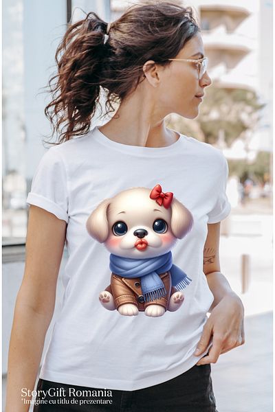 StoryGift Romania Tricou Femei Cu Un Catelus Care Da Un Pupic, Ilustratie, Fular, Imbracat Gros, F Wht_l