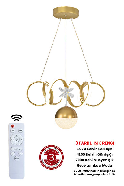 RANSOM 3 Renk Toplu Kumandalı Gold Kasa Dimmerli Led Avize Kıvrım Ledli Avize
