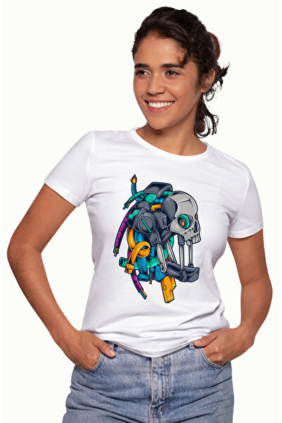 StoryGift Romania Tricou Femei Cu Extraterestru, Robot, Android, Cabluri, SF, Craniu, Multicolor WHT_XS