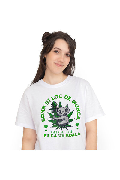 StoryGift Romania Tricou Femei cu Urs Koala Vesel Imbratisare Frunze Verzi Somn Munca Relaxare cu ,White_XS