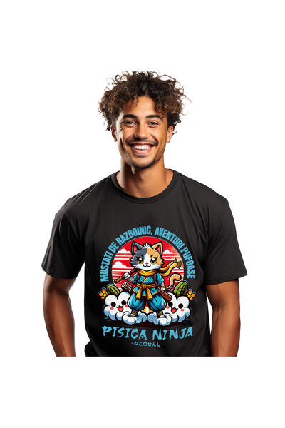 StoryGift Romania Tricou Barbati cu Pisica Colorata Ninja Pe Nori Razboinic U...