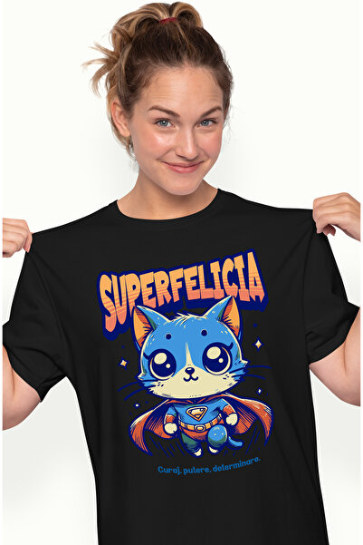 StoryGift Romania Tricou Femei Super Felicia, SuperErou, Pisica Zburand, cu i...