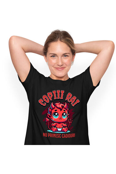 StoryGift Romania Women's T-shirt with Baby Red Devil With Fork And Horns, Kids, Halloween, Candy, Black_XL