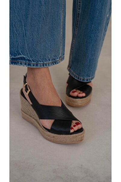 ECENİN BUTİĞİ Jordy Siyah Hakiki Deri Sandalet