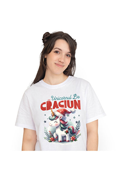 StoryGift Romania Tricou Femei cu Unicorn Vesel Roz Cu Caciula De Mos Craciun...