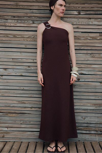 Suud Collection Σκούρο καφέ Abel Λινό Φόρεμα με έναν ώμο