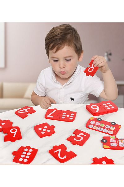 zola Set of 10 wooden puzzles, learning numbers, bus model, metal storage box