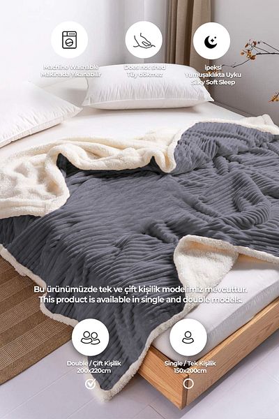 Evlen Home Collection مفرش سرير ويل سوفت من القطيفة الناعمة |   بطانية شيربا مزدوجة مخططة أنثراسايت