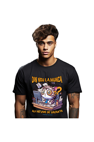 StoryGift Romania Tricou Barbati cu Pisica haioasa La Birou, Calculator, Corp...