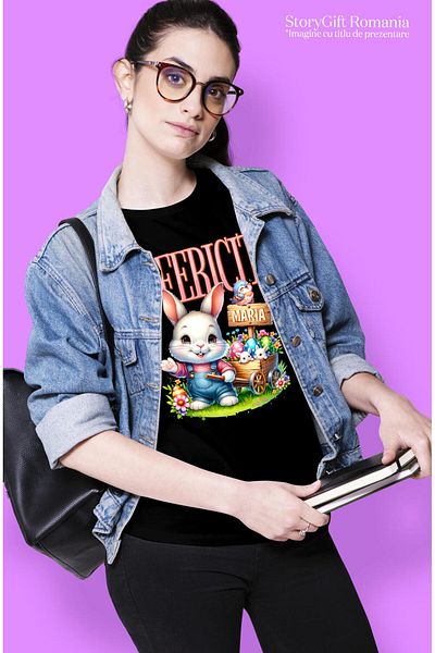 StoryGift Romania Tricou Femei cu Iepure Alb Cu Salopeta De Denim Carucior Cu Oua Colorate Pascal ,Black_XL