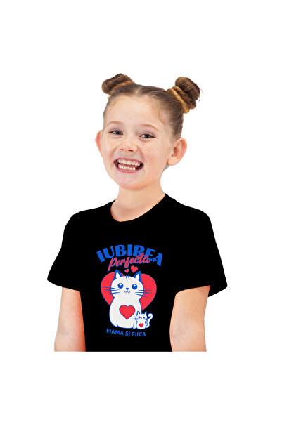 StoryGift Romania Tricou Copii cu Pisica Mama Si Pui cu inimoara Rosie Piept,...