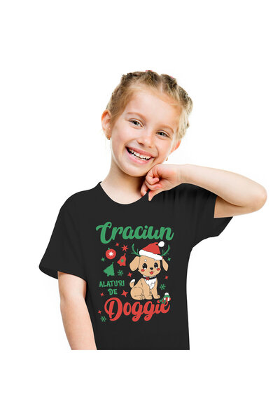 StoryGift Romania Tricou Copii cu Caine cu Caciula De Craciun, Doggie, Sarbat...