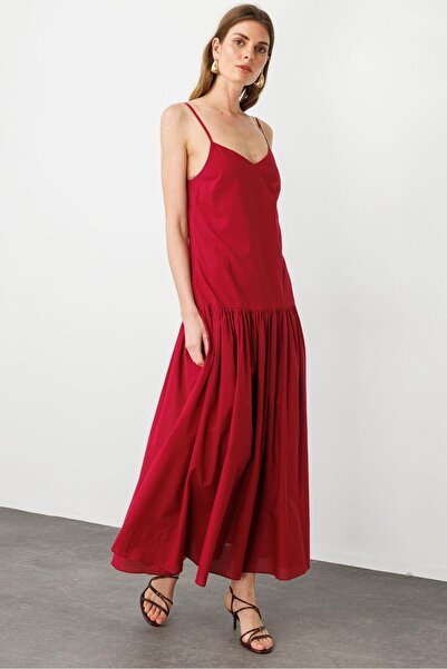 pieces of melon Vişne Rahat Kesim Büzgü Detaylı Pamuklu İp Askılı Maxi Elbise