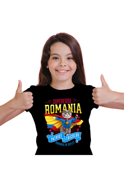 StoryGift Romania Children's T-shirt with Scottish Fold Cat in Captain Romania Costume with Cape, E,Black_10ANI