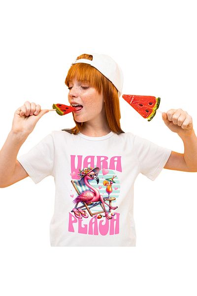 StoryGift Romania Children's T-shirt with Pink Famingo Pasha and Floral Hat Cocktail Relaxing with Print,White_8ANI