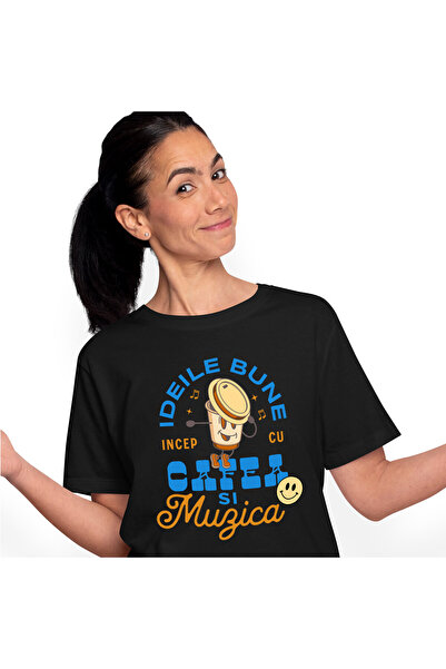 StoryGift Romania Tricou Femei cu Pozitie de dans Pahar De cafea Vesel, Smiley Face, Energie Dimin,Black_XS