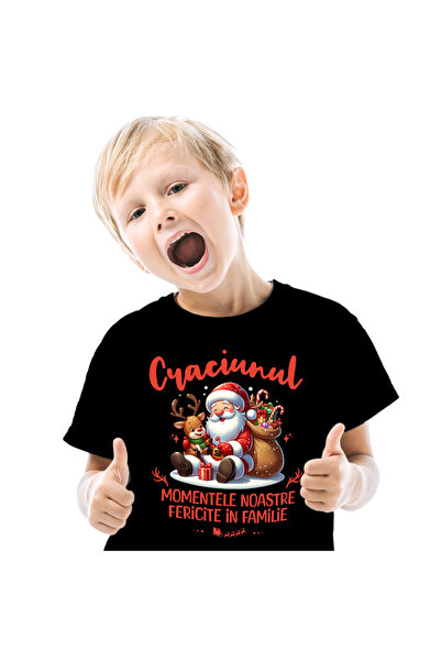 StoryGift Romania Tricou Copii cu Mos Craciun Animat Cu Ren Si Sac de Cadouri...