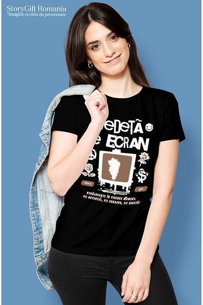StoryGift Romania Tricou Femei Vedeta Pe Ecran, Lumea Digitalizata, Televizor Cu Imprimeu Pe Fata, Blk_m