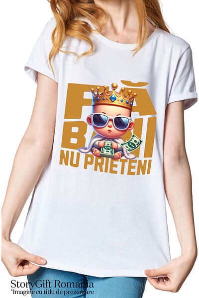 StoryGift Romania Tricou Femei cu Bebelus cu Teanc Bancnote bani, coroana si haina de blana, Milio,White_XL