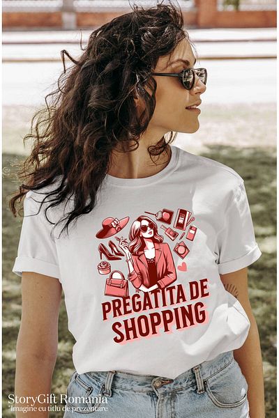 StoryGift Romania Tricou Femei cu Femeie Iubitoare De Shopping Pantofi Palarie Geanta cu imprimeu ,White_XL