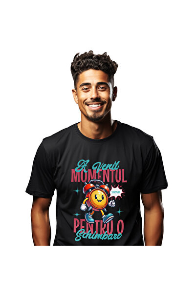 StoryGift Romania Tricou Barbati cu Ceas Mecanic Galben Zambitor A Venit momentul Pentru O schimba,Black_XL