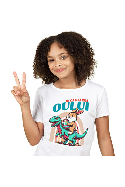 StoryGift Romania Tricou Copii cu Iepure Maro Cu ou Colorat Calarind Dinozaur...