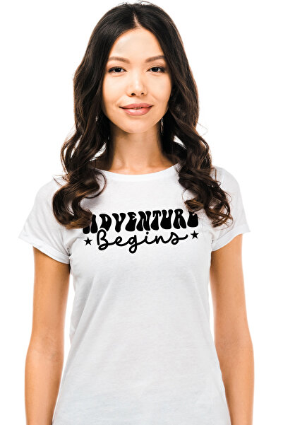 StoryGift Romania Tricou Femei pentru iubitorii de aventura cu textul in engleza "Adventure begins WHT_M