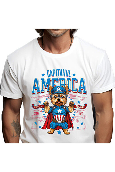StoryGift Romania Men's T-Shirt with Yorkshire Terrier Dog in Captain America Costume with Cape,White_L