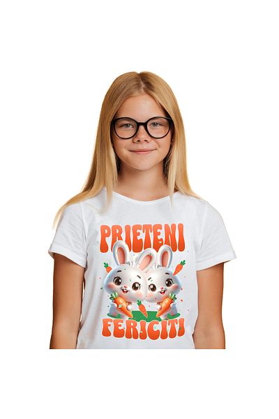 StoryGift Romania Tricou Copii cu Iepuri Albi Cu Morcovi Prieteni Fericiti, Animal Blanos, Paste c,White_12ANI