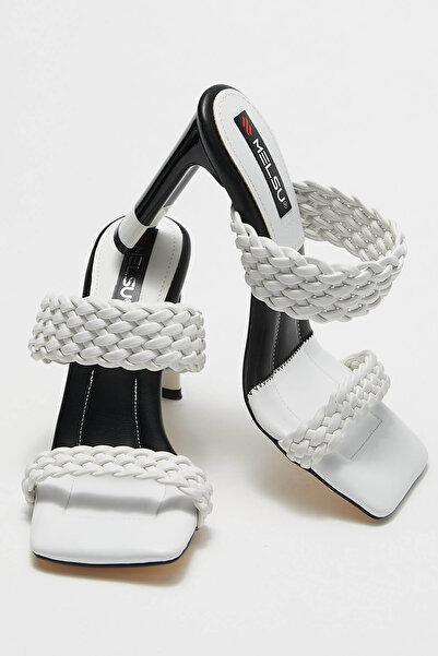 MELSU Γυναικεία ψάθινα πλεκτά πέδιλα με τακούνι Azin Λευκά
