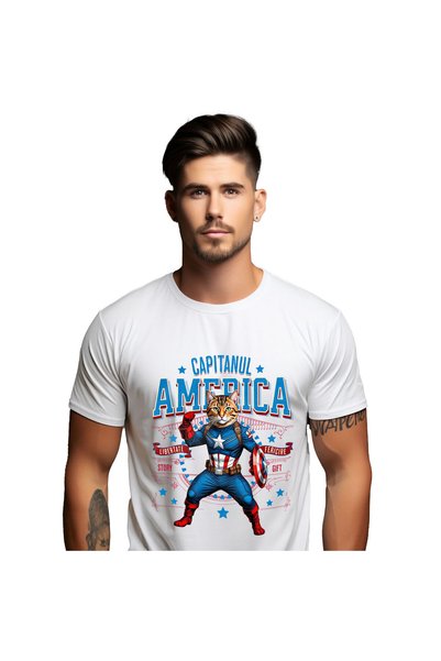StoryGift Romania Tricou Barbati cu Bengal Pisica In Costum de Capitan Americ...