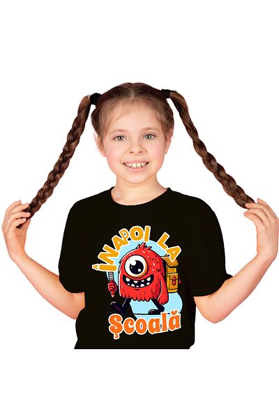 StoryGift Romania Kids T-Shirt with One-Eyed Monster with Backpack and Pencil Ready for School, Vacation, ,Black_12 YEARS