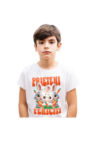 StoryGift Romania Tricou Copii cu Iepuri Albi Cu Morcovi Prieteni Fericiti, Animal Blanos, Paste c,White_12ANI