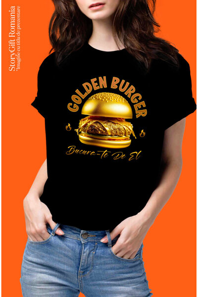StoryGift Romania Women's T-Shirt with Golden Tasty Burger Fast Food Food Processing Sweets oftic,Black_M