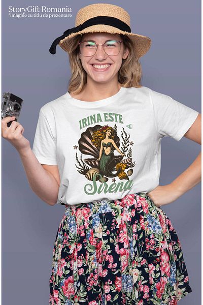 StoryGift Romania Women's T-shirt with Mermaid in Green Costume Under the Pearl, Imaginary World, Children with i,White_S
