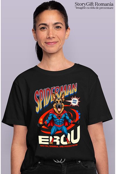 StoryGift Romania Tricou Femei cu Ciobănesc German / German Shepherd Caine In Costum de SpiderMan ,Black_XL