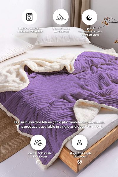 Evlen Home Collection Sherpa Tv Blanket Single Striped Soft Plush Wellsoft Bedspread Purple - Lilac