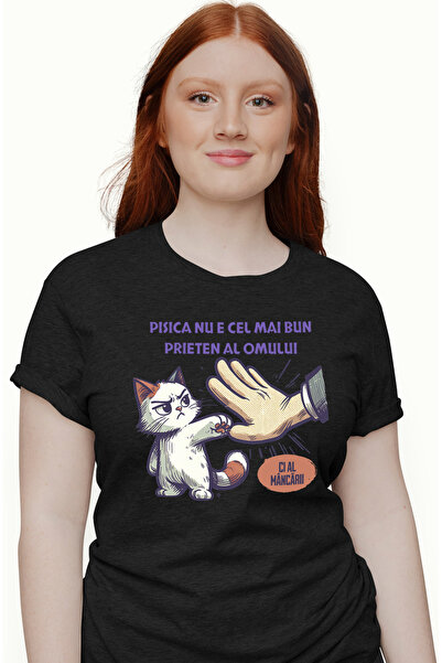 StoryGift Romania Tricou Femei PIsica batand palma cu un om, text haios PISIC...
