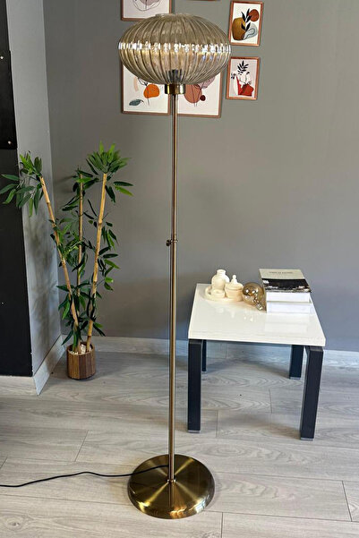 Bamyum Elegant Bal Rengi Cam Lambader Düz İnce Gövde Modern Dekoratif Metal Oturma Odası Zemin Lambası