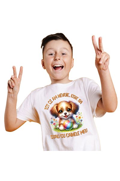 StoryGift Romania Tricou Copii cu Caine Pui Vesel Pufos Pe Iarba Cu Minge Colorate, Natura cu impr,White_4ANI