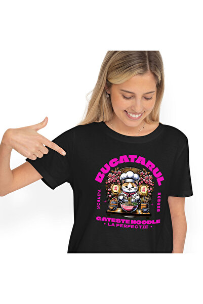 StoryGift Romania Tricou Femei cu Pisica Tinuta Bucatar Sef Palarie Flori Roz...