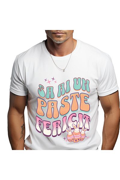 StoryGift Romania Tricou Barbati cu Oua Colorate Cu Iepuri Albi, design Multicolor, Paste, Sarbato,White_M
