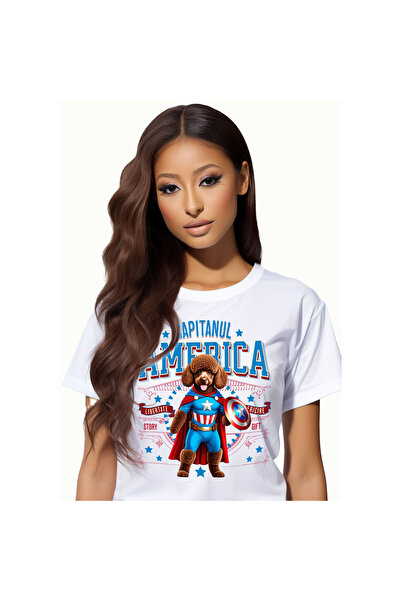 StoryGift Romania Women's T-Shirt with Poodle / Poodle Dog in Captain America Costume with Cape, E,White_L