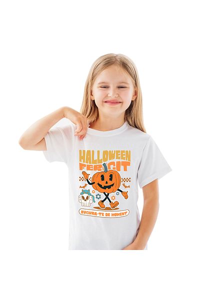 StoryGift Romania Tricou Copii cu Dovleac De Hallowen Vesel, Craniu Uman Cu Pisica, Flori Colorate,White_10ANI