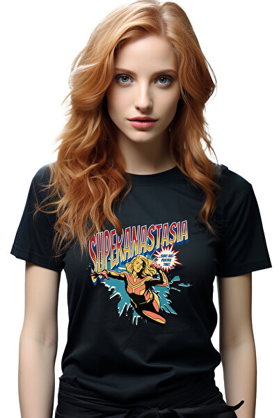 StoryGift Romania Tricou Femei Super Anastasia, SuperErou Sunt Aici Pentru Tine, cu imprimeu pe F BLK_L